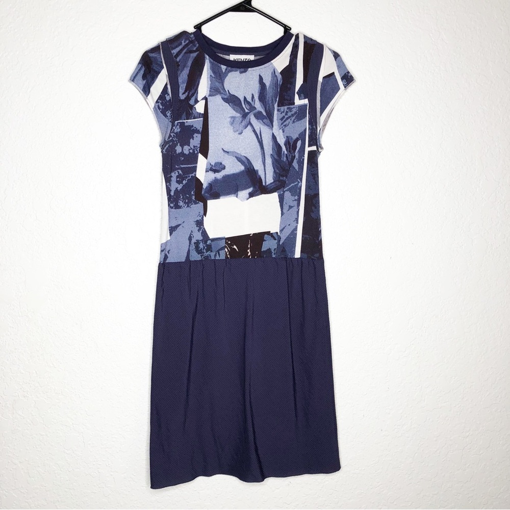 Kenzo blue white mixed floral plaid print cap sleeve dress size 34 or XS